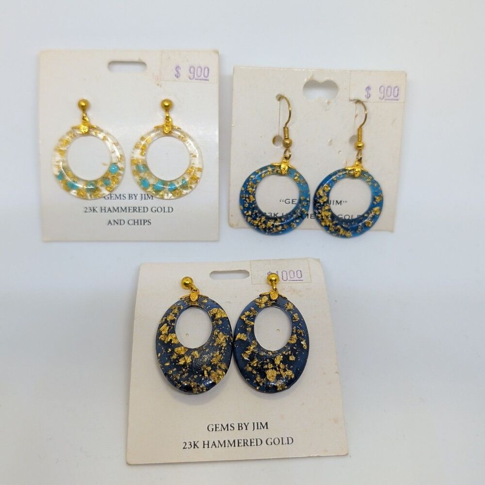 (3) Pair Pierced 23K Hammered Gold inside Dangle Earrings Oval Rings Blue Green